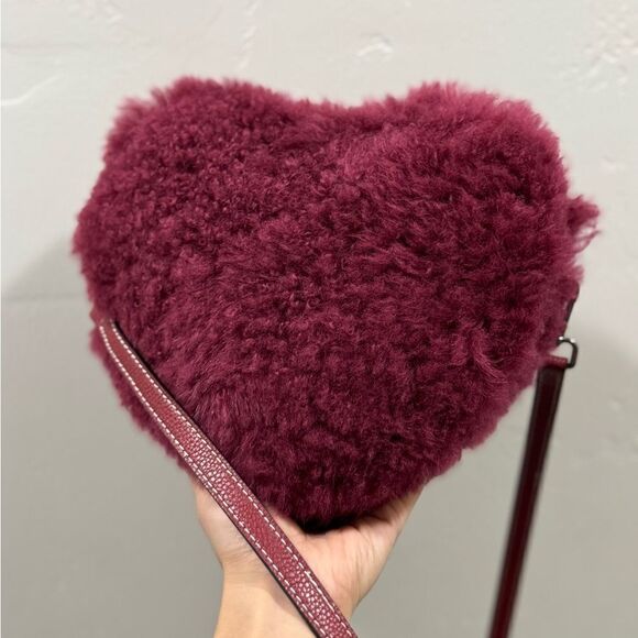 Maroon Handmade Dyed Genuine Shearling Heart Shaped & Fur Strap Bag, Crossbody - Picture 4 of 16